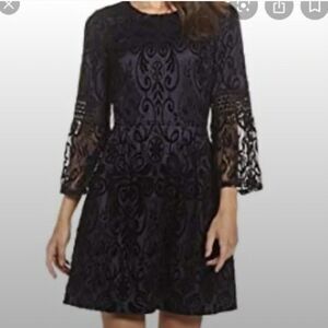 Eliza J Black Blue Burnout Velvet‎ Lace Bell Sleeve Fit and Flare Dress Size 4